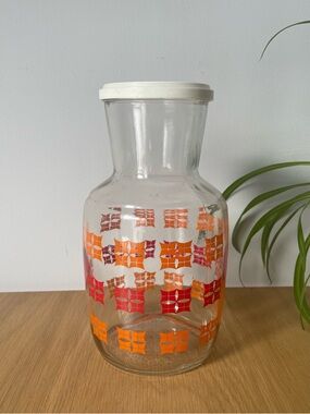 Vintage Glass Carafe with Orange and Red Geometric Pattern